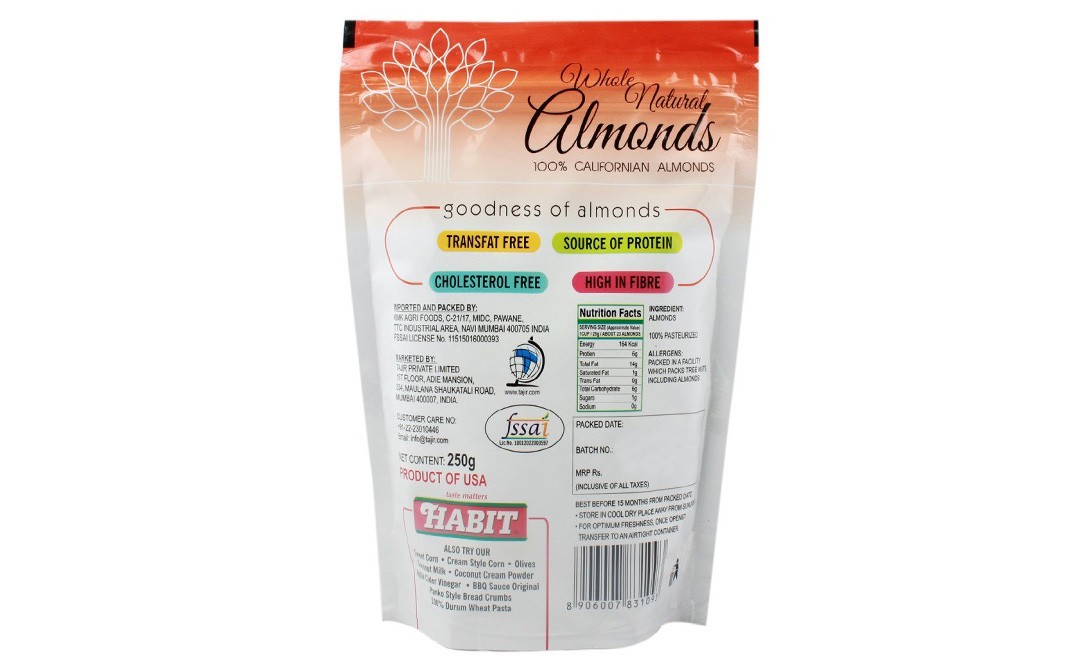 Habit Whole Natural Almonds Californian Almonds   Pack  250 grams